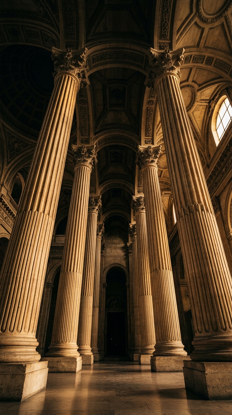 The image features tall, ornate columns inside a grand architectural space.