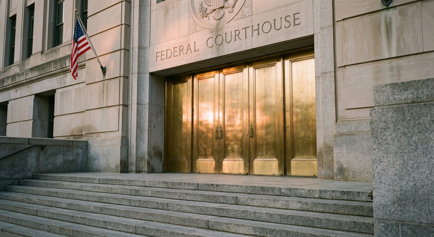 The image shows the entrance of a federal courthouse with large golden doors and an American flag.