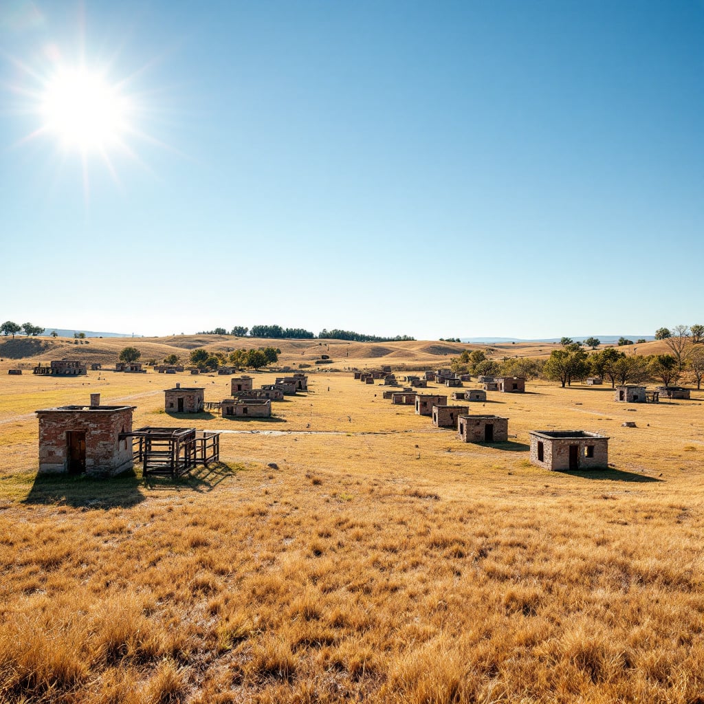 A wide view of abandoned stone structures scattered across a golden grassland under a clear blue sky.