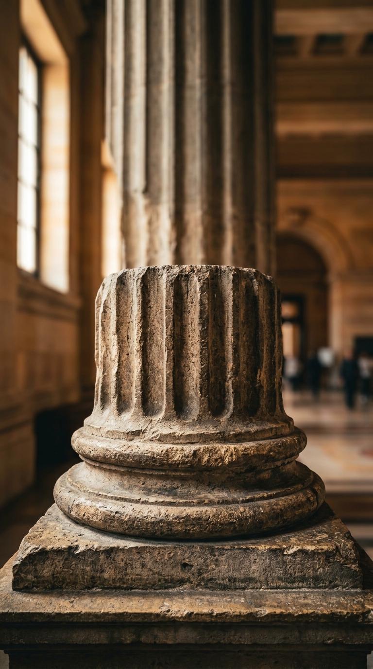 A close-up of a stone column base with intricate details in an interior space.