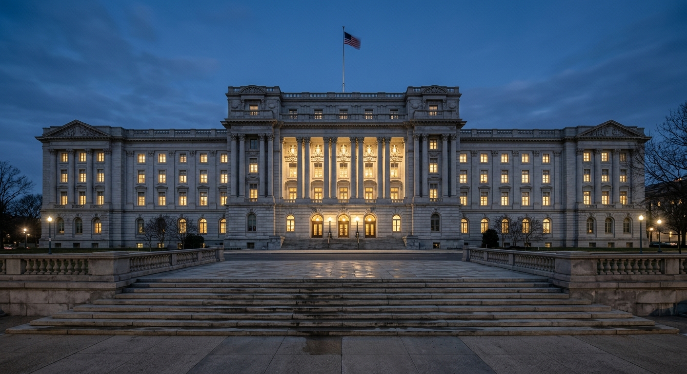 A large government building illuminated at dusk with an American flag flying atop.