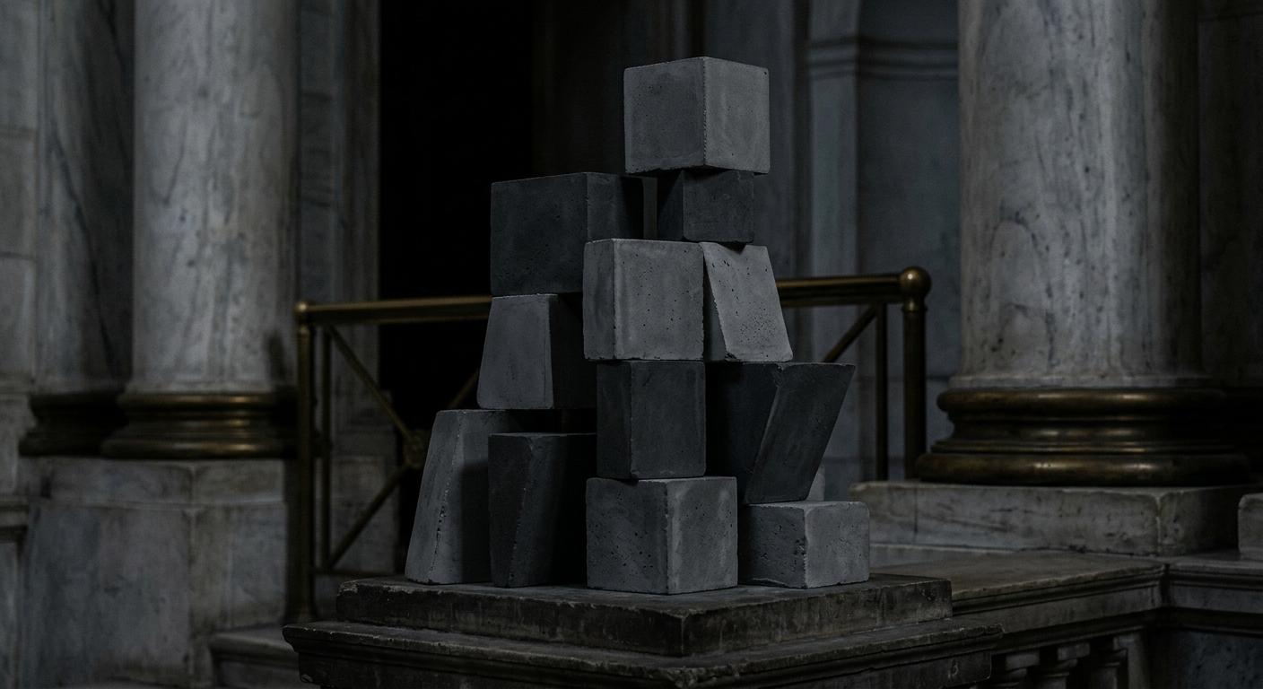 A stack of gray concrete blocks arranged in a pyramid shape inside a marble interior.