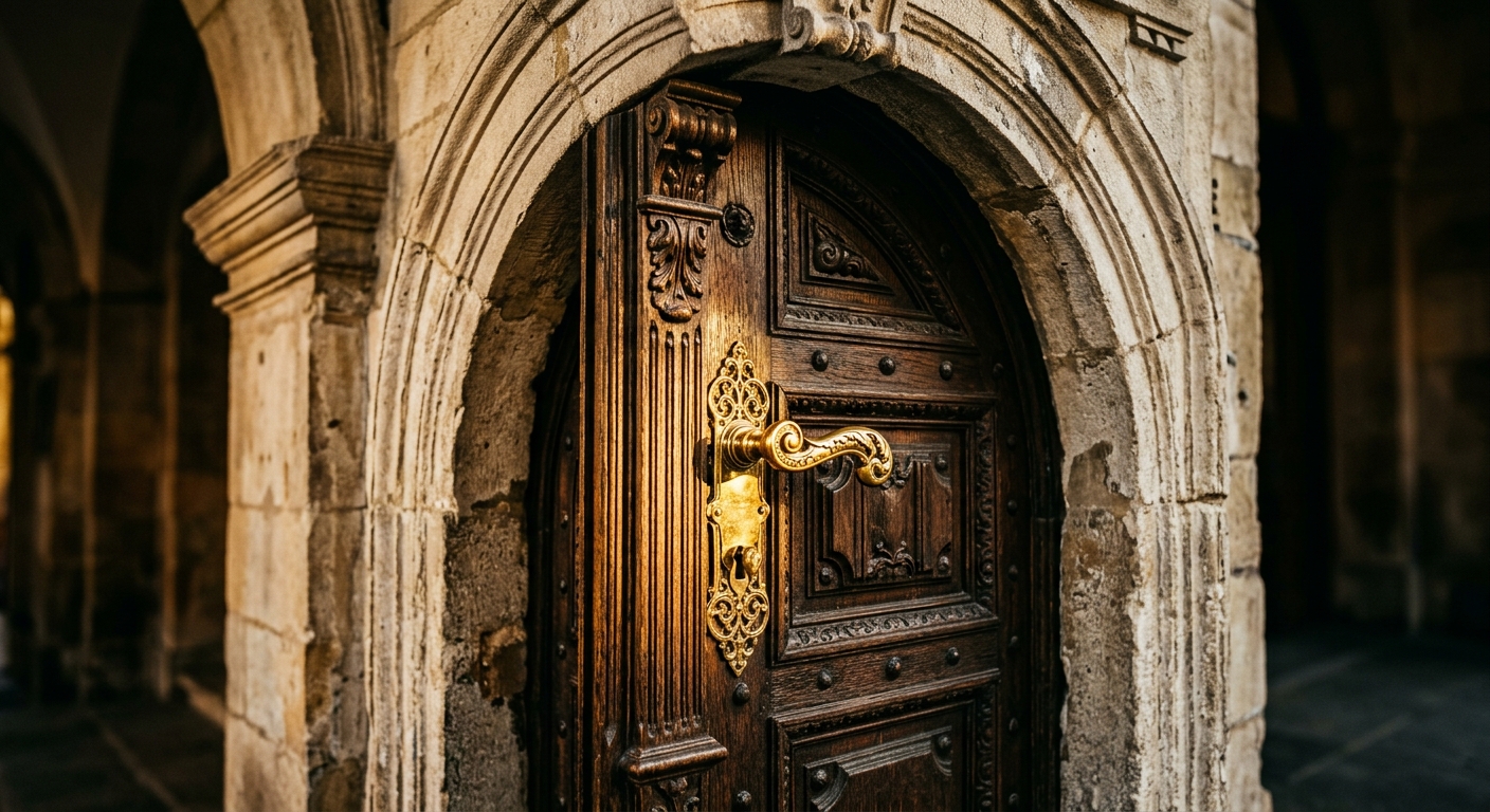 A close-up view of an ornate wooden door with intricate carvings and a golden handle.