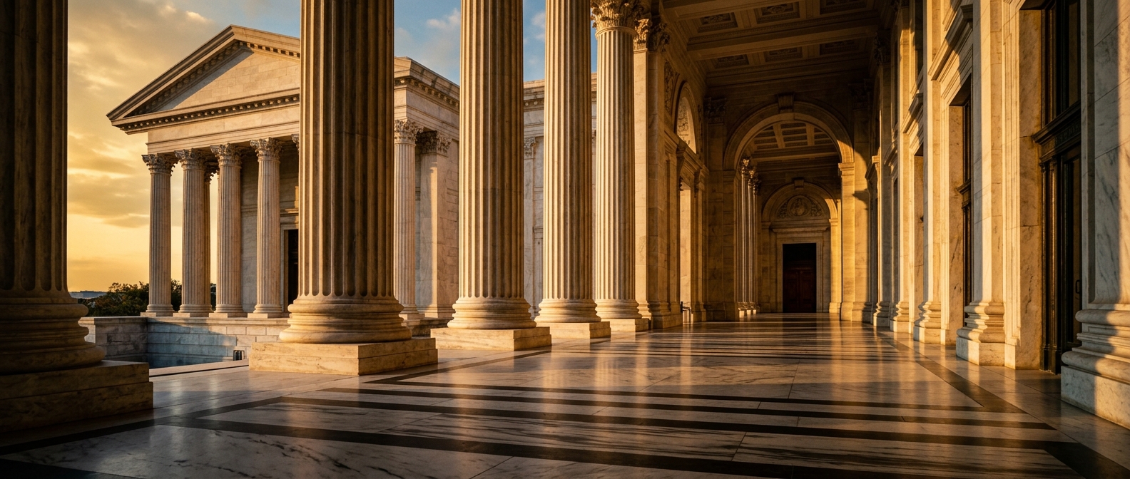 A grand architectural structure featuring tall columns and a marble floor illuminated by sunset light.
