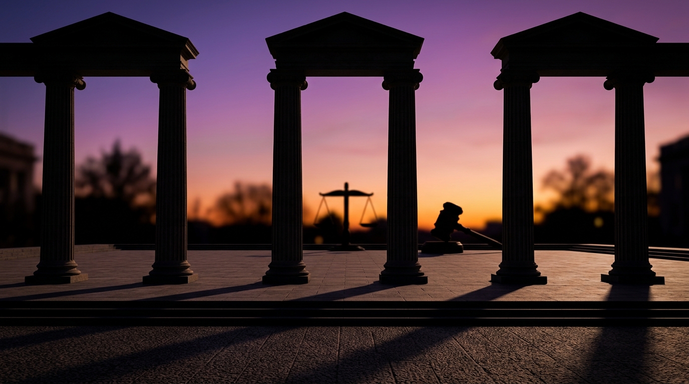 A silhouette of classical columns with a statue and scales of justice at sunset.