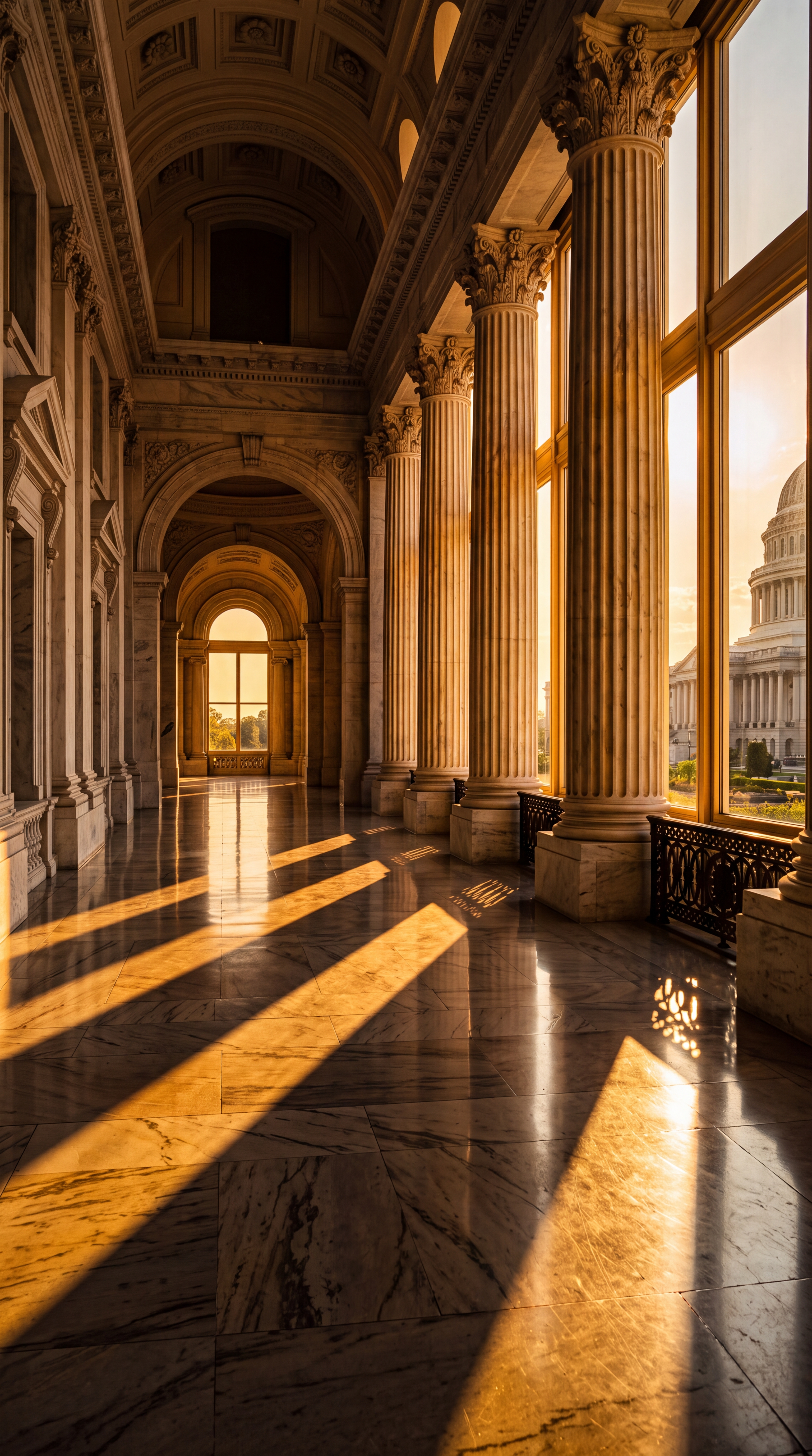A grand interior space with tall columns and large windows, illuminated by sunset light.