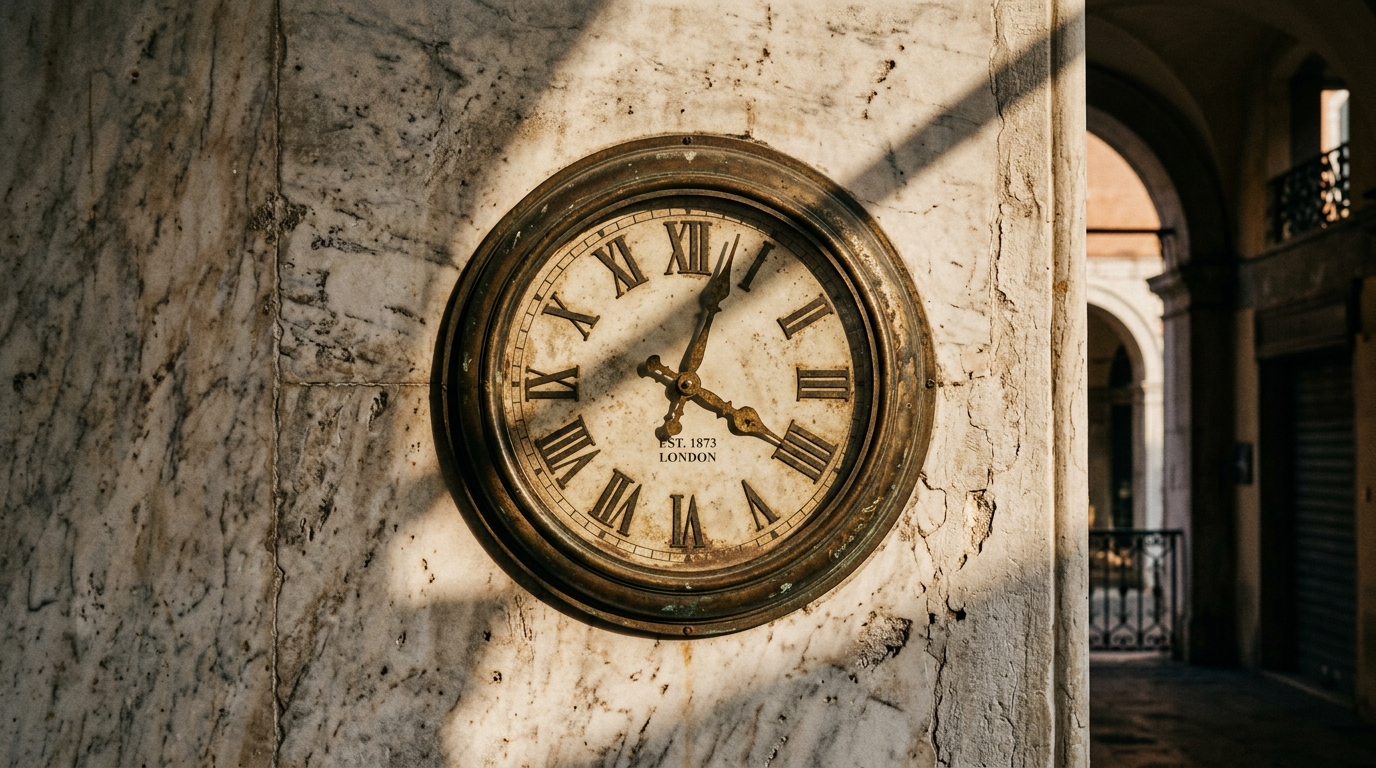 An antique clock mounted on a marble wall.