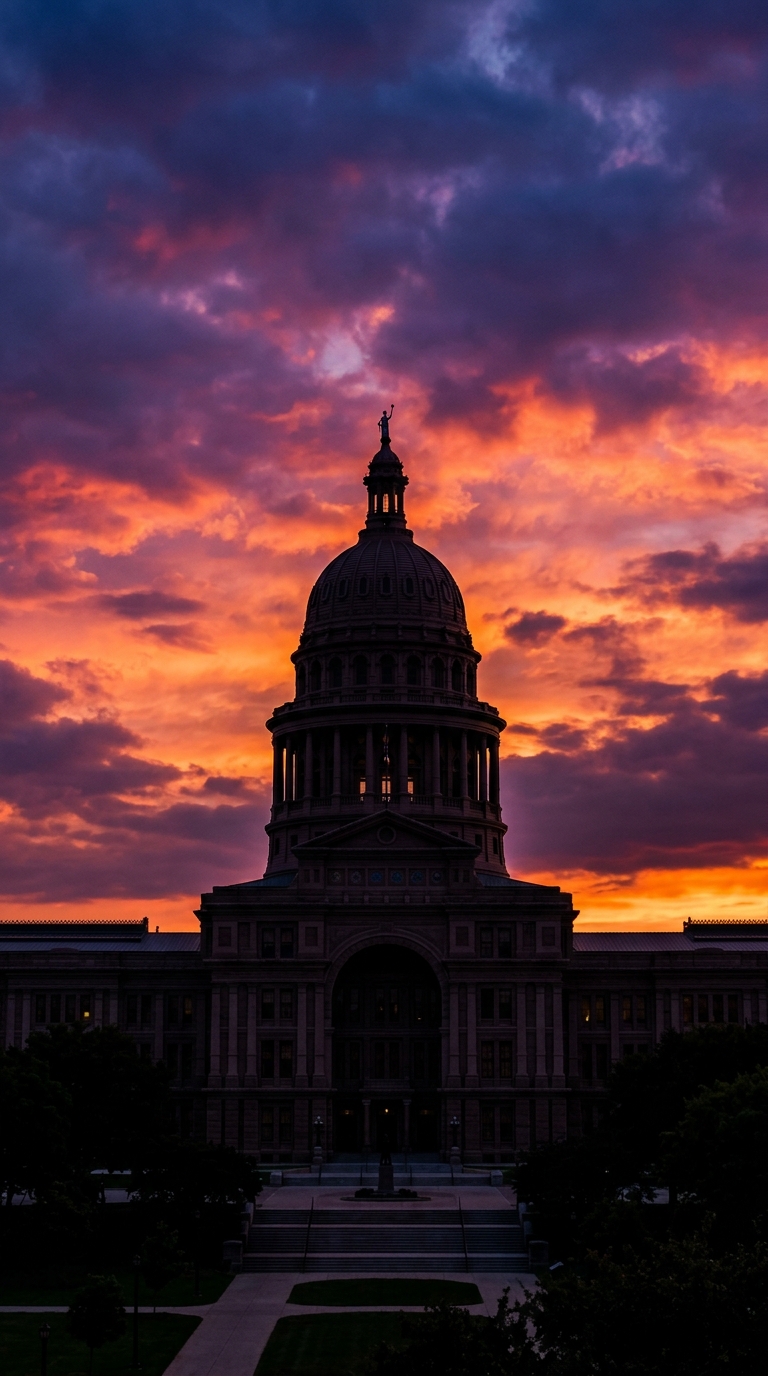 A silhouette of a large dome building against a vibrant sunset sky.