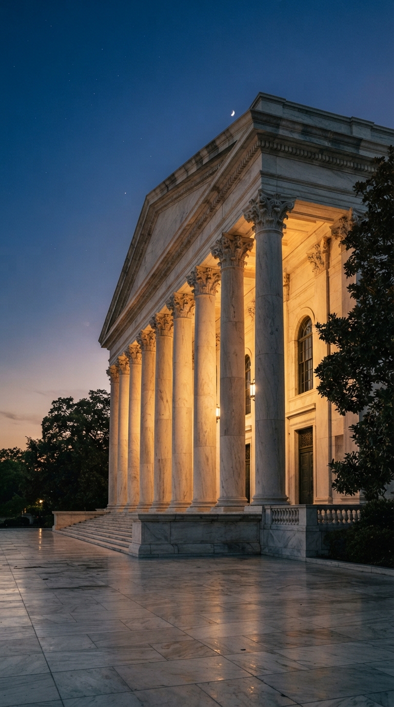 A marble building with large columns illuminated at dusk.