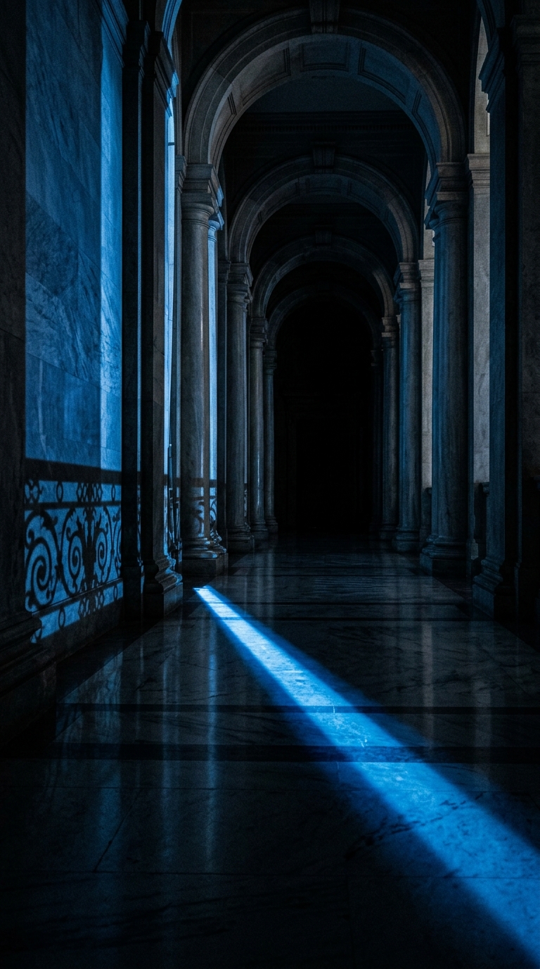 A dimly lit corridor with marble columns and a beam of light illuminating the floor.