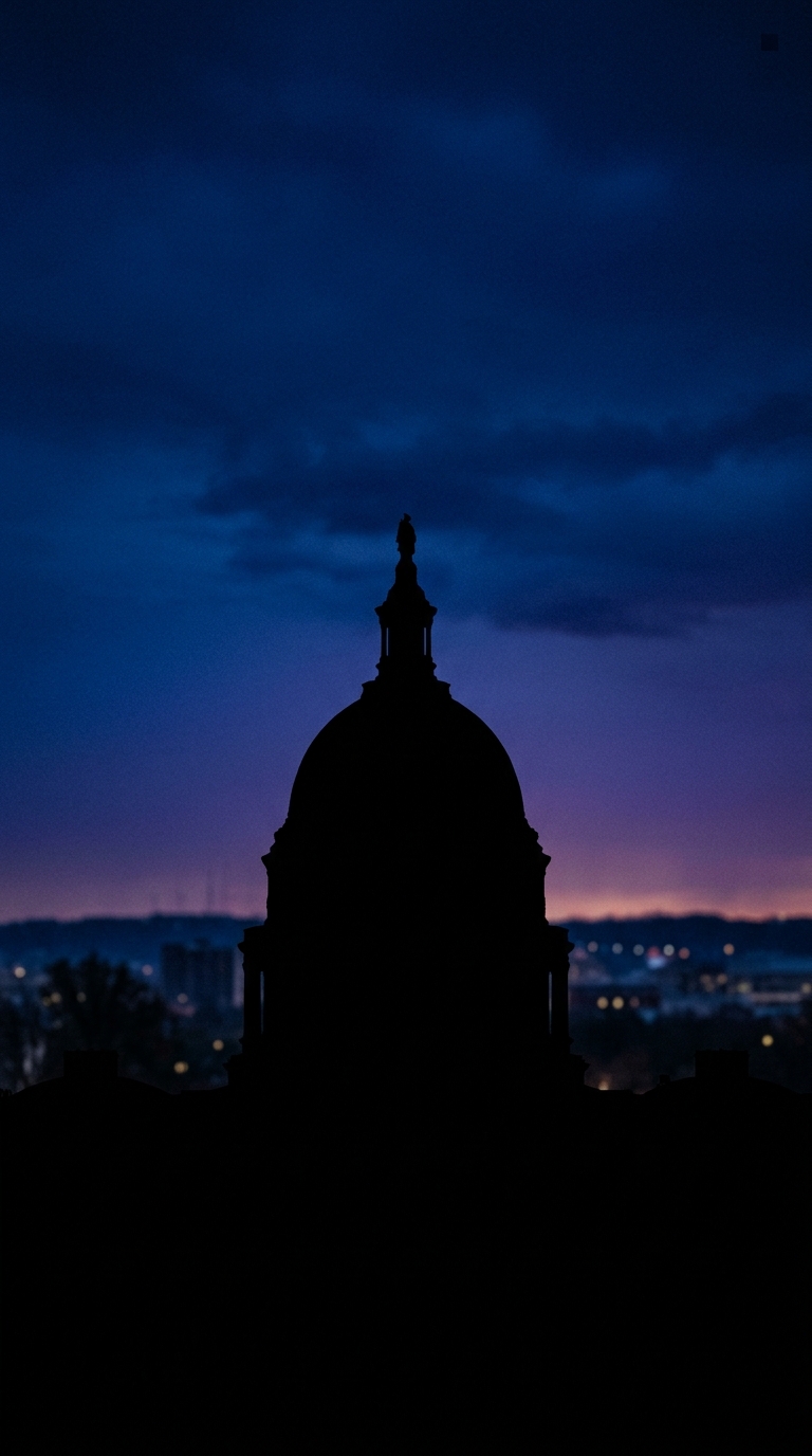 A silhouette of a dome against a twilight sky with city lights in the background.