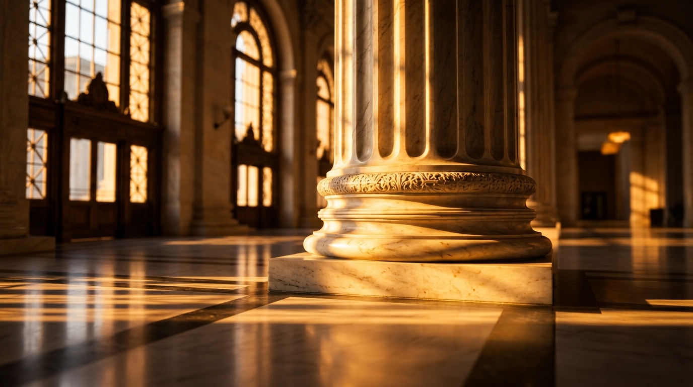 The image shows a close-up of a marble column in a grand interior space with sunlight casting shadows.