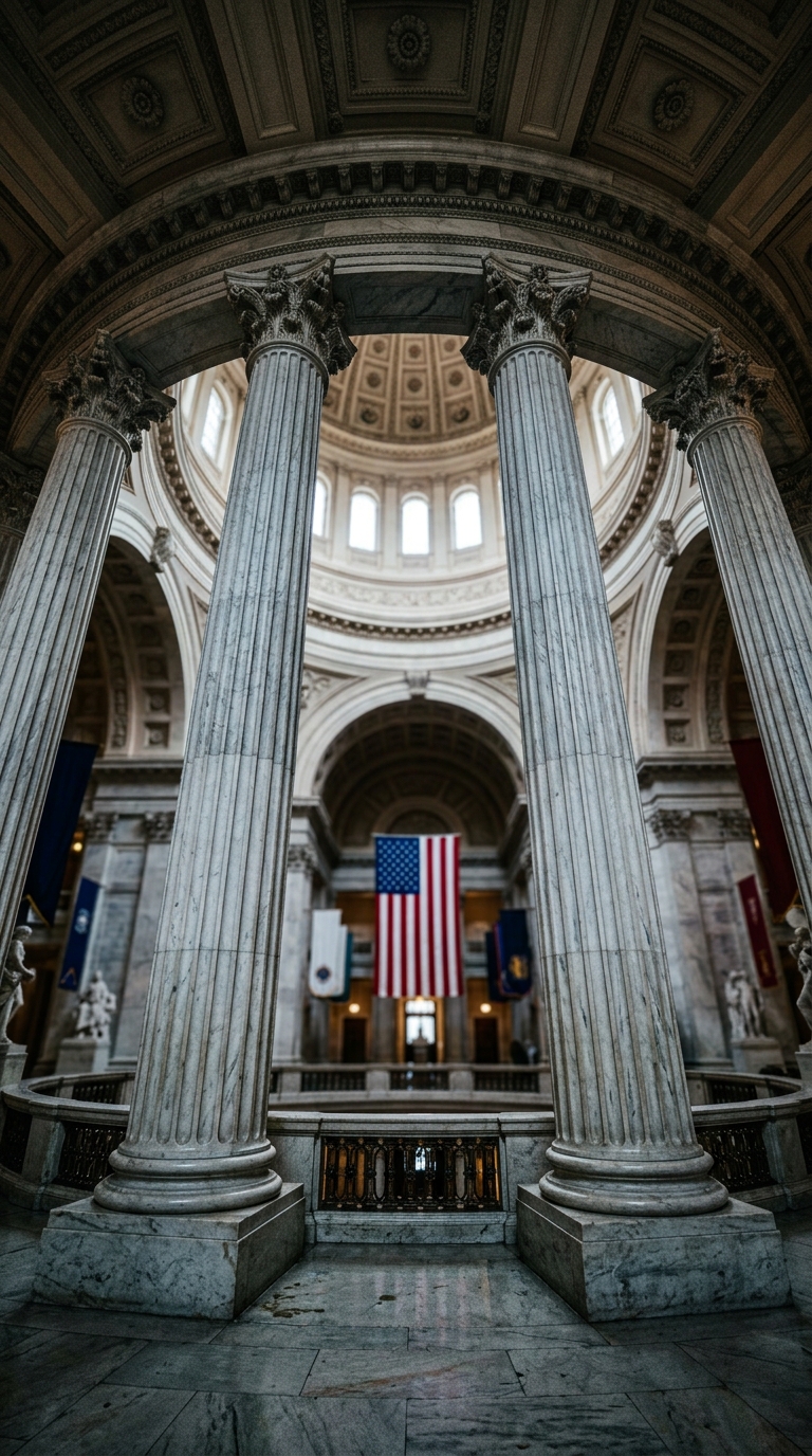 An interior view of a grand building featuring tall columns and an American flag.