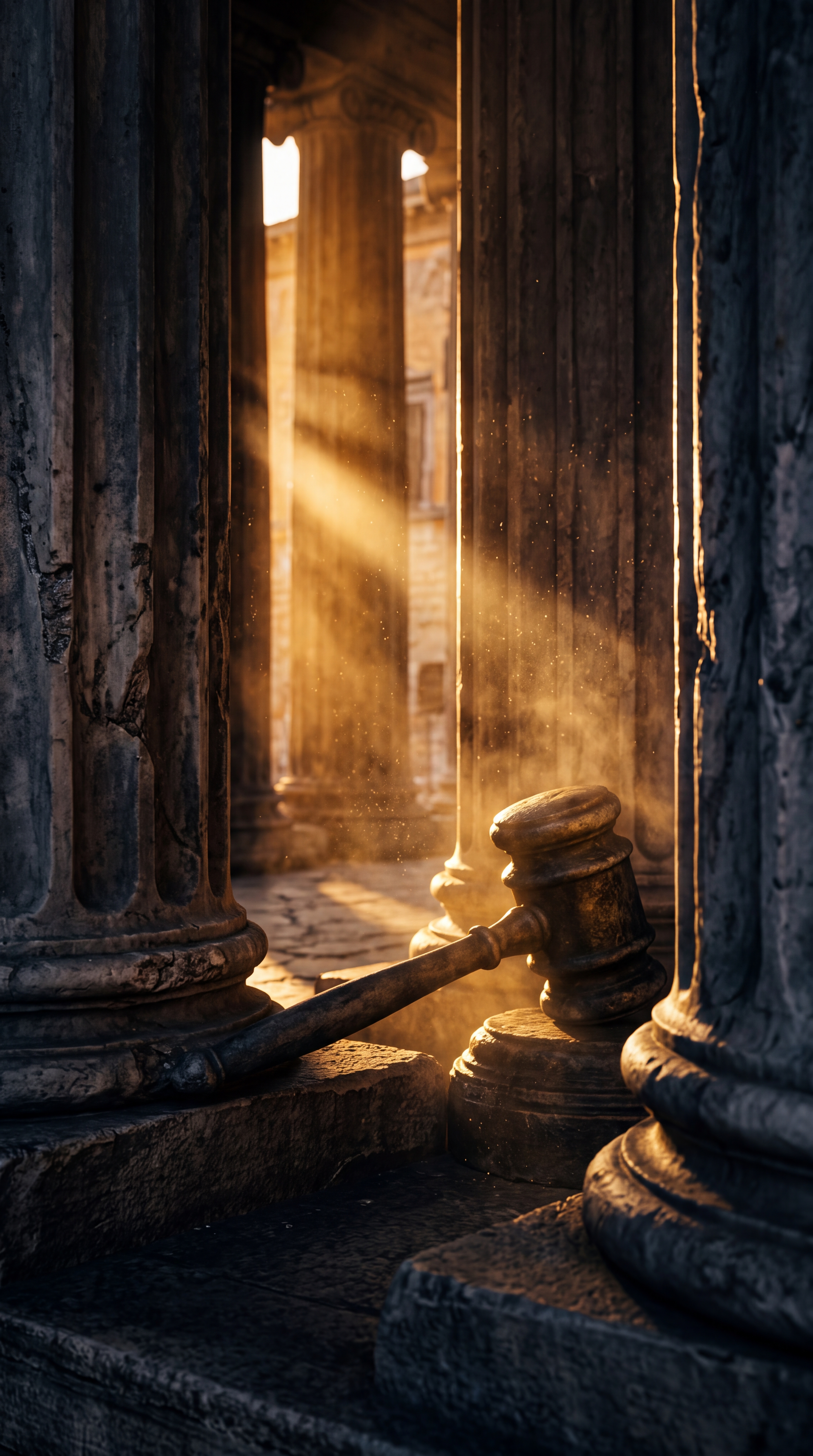 A gavel rests on the ground among ancient columns with sunlight streaming through.