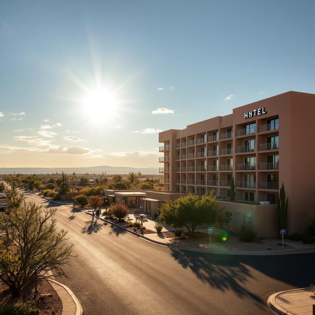 A modern hotel building is situated along a winding road under a bright sun.