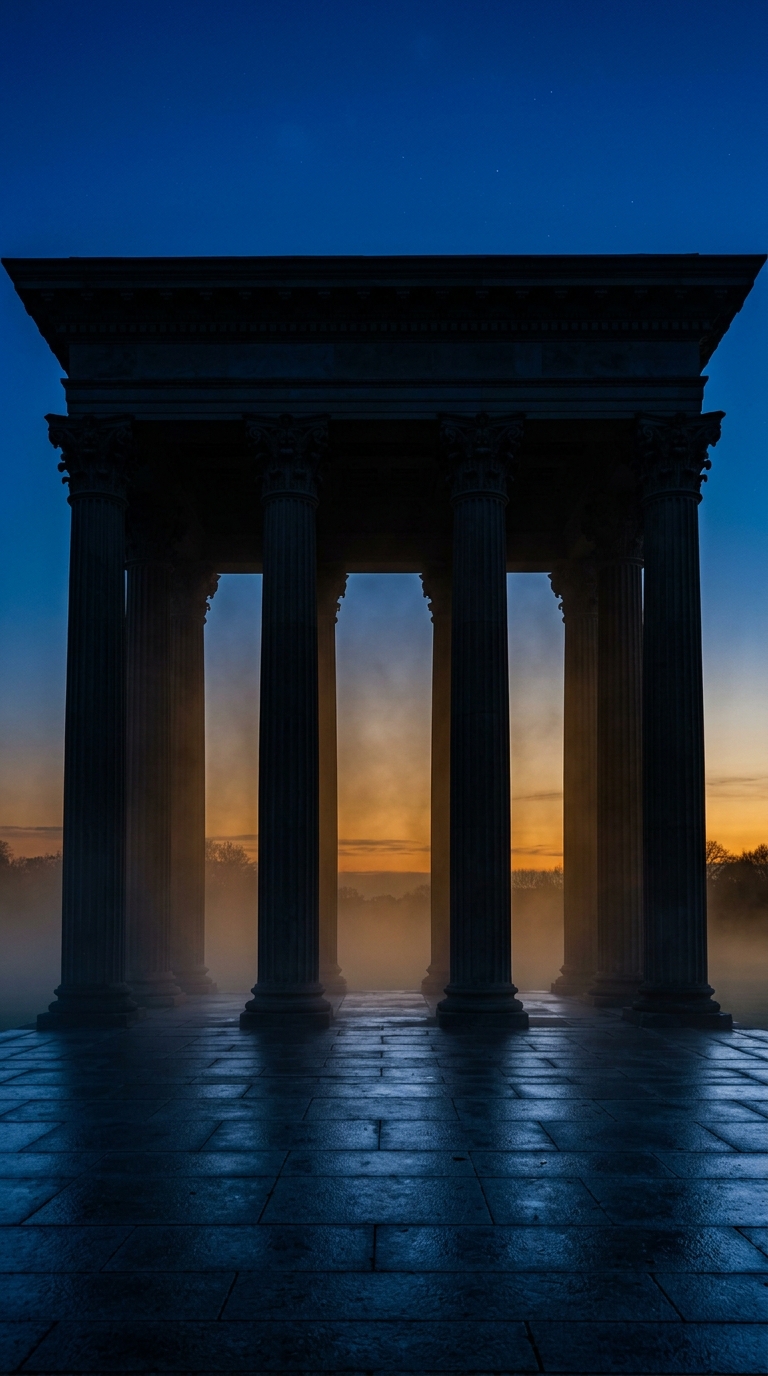 A silhouette of a classical columned structure against a sunset with fog.