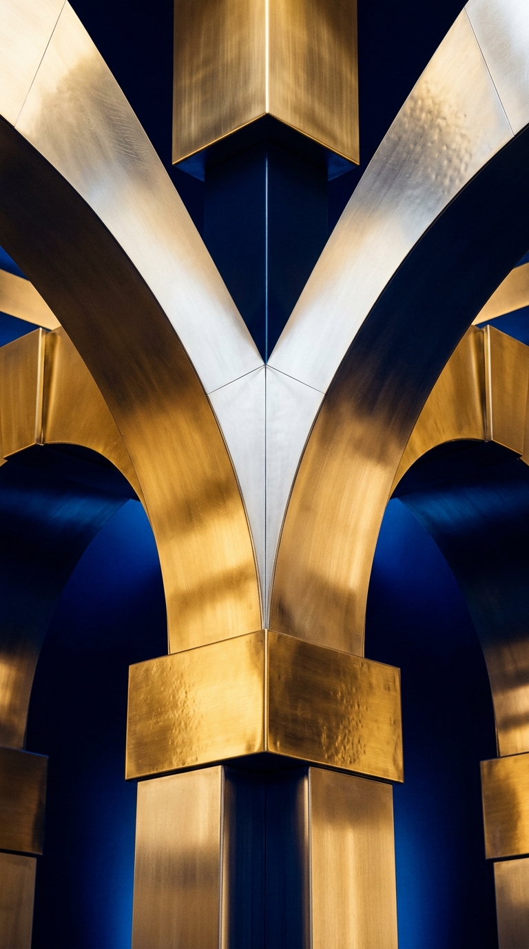 A close-up view of metallic arches with a blue background.