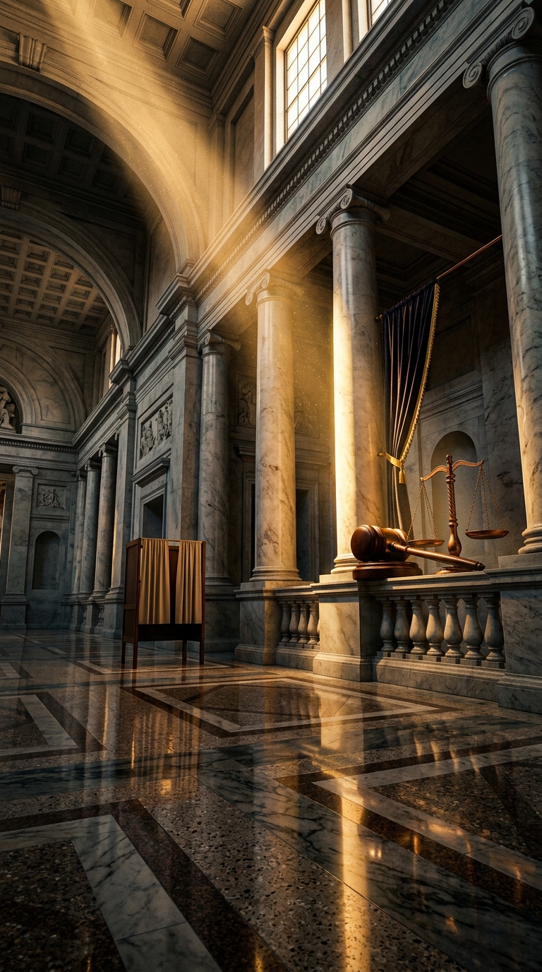 A grand interior of a courthouse featuring marble columns and a scale of justice.