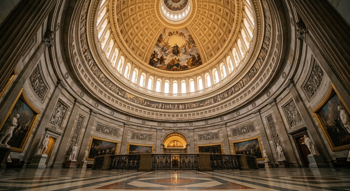 An interior view of a grand dome with ornate decorations and paintings.