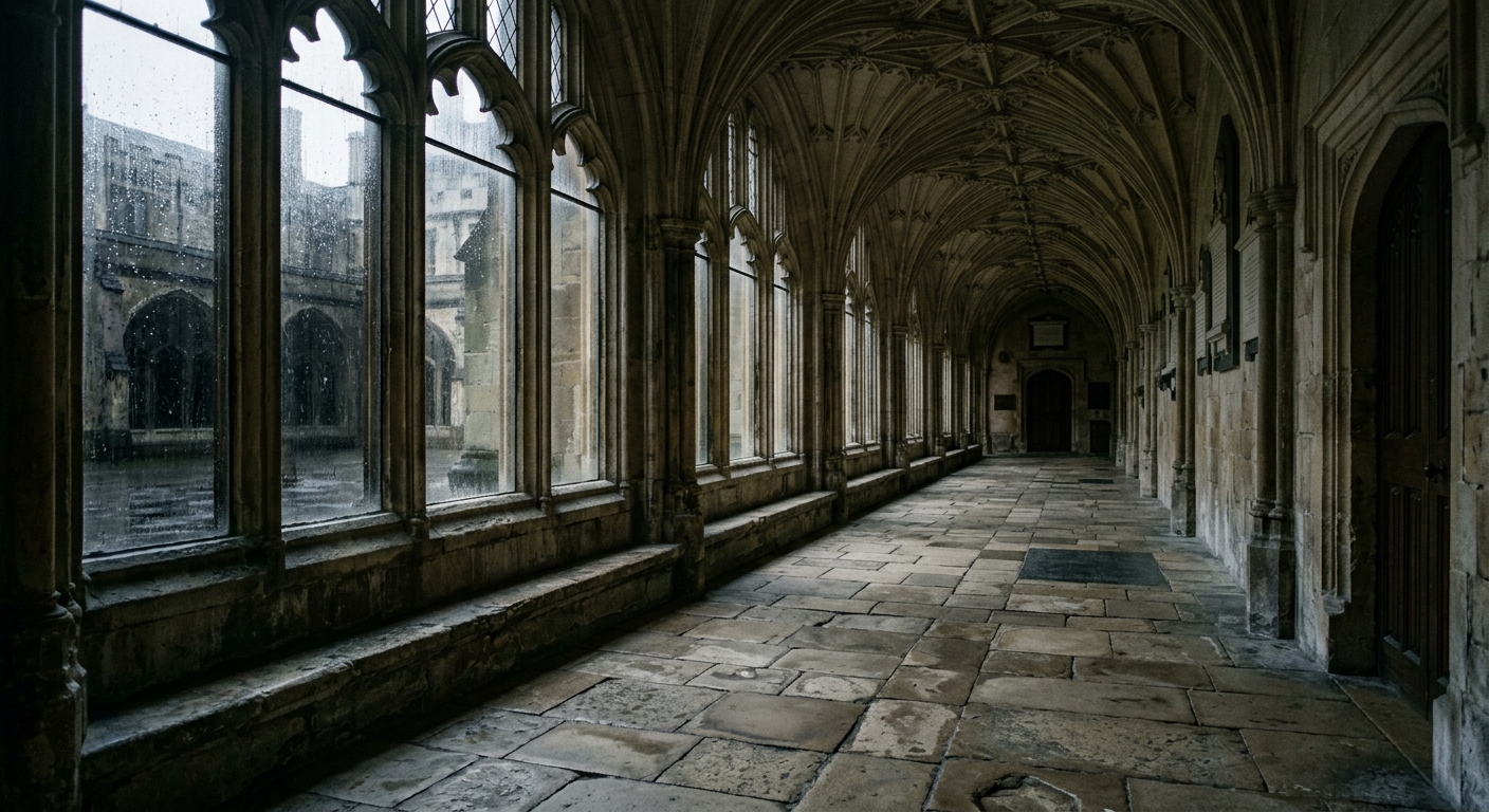 A stone corridor with arched windows and a wet floor, reflecting a historical architectural style.