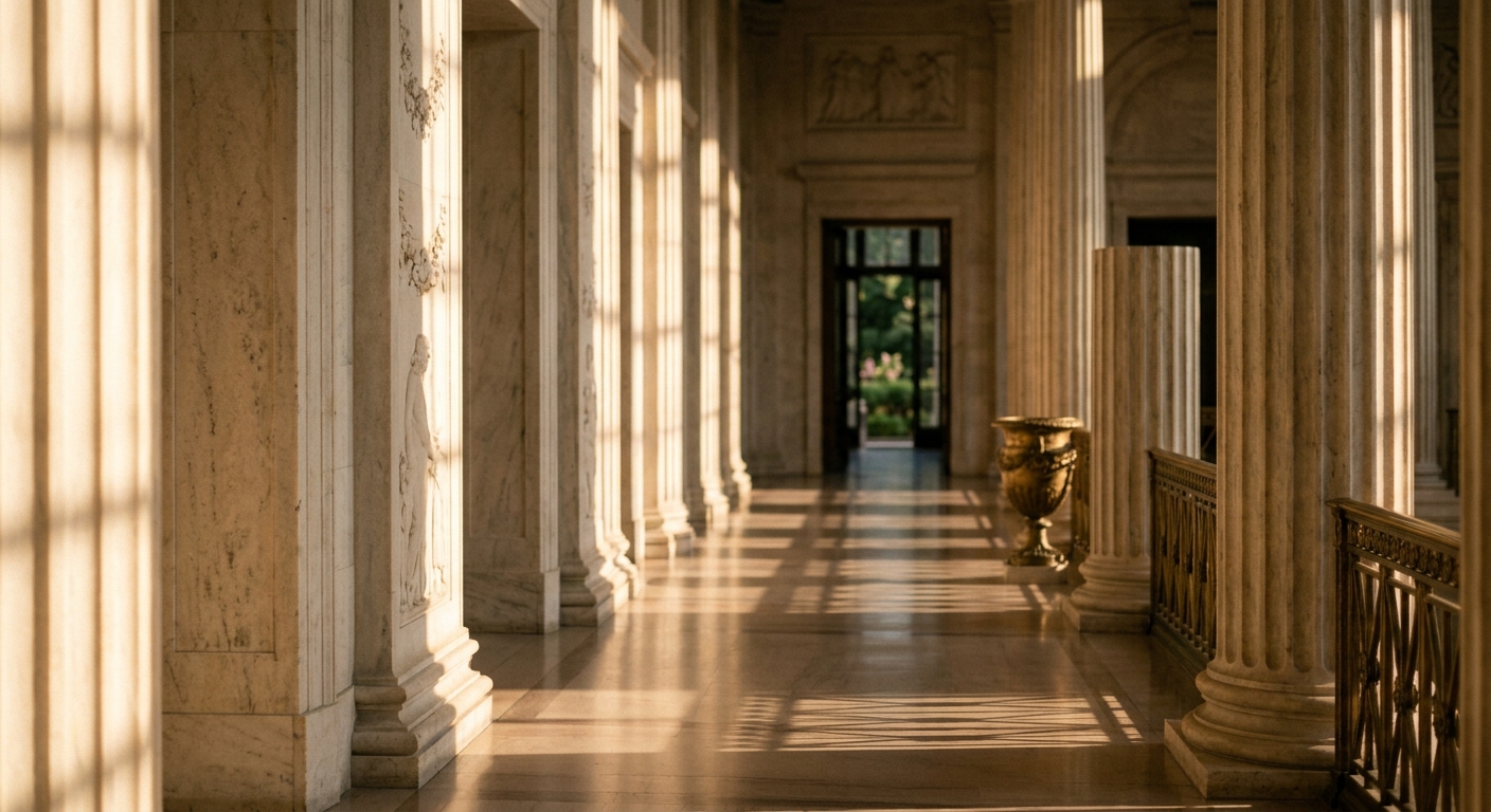 The image shows a marble corridor with tall columns and sunlight casting shadows on the floor.