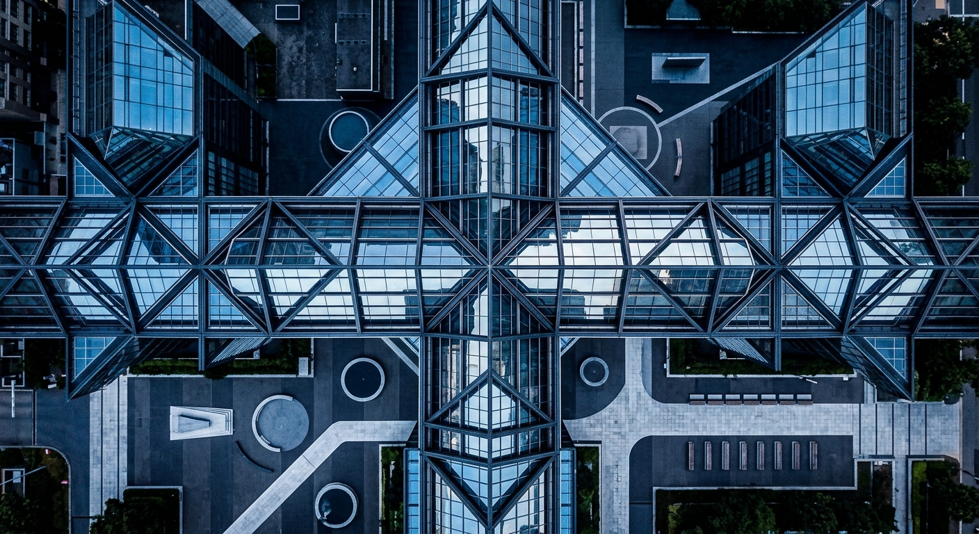 An aerial view of a modern glass building with geometric shapes and surrounding pathways.