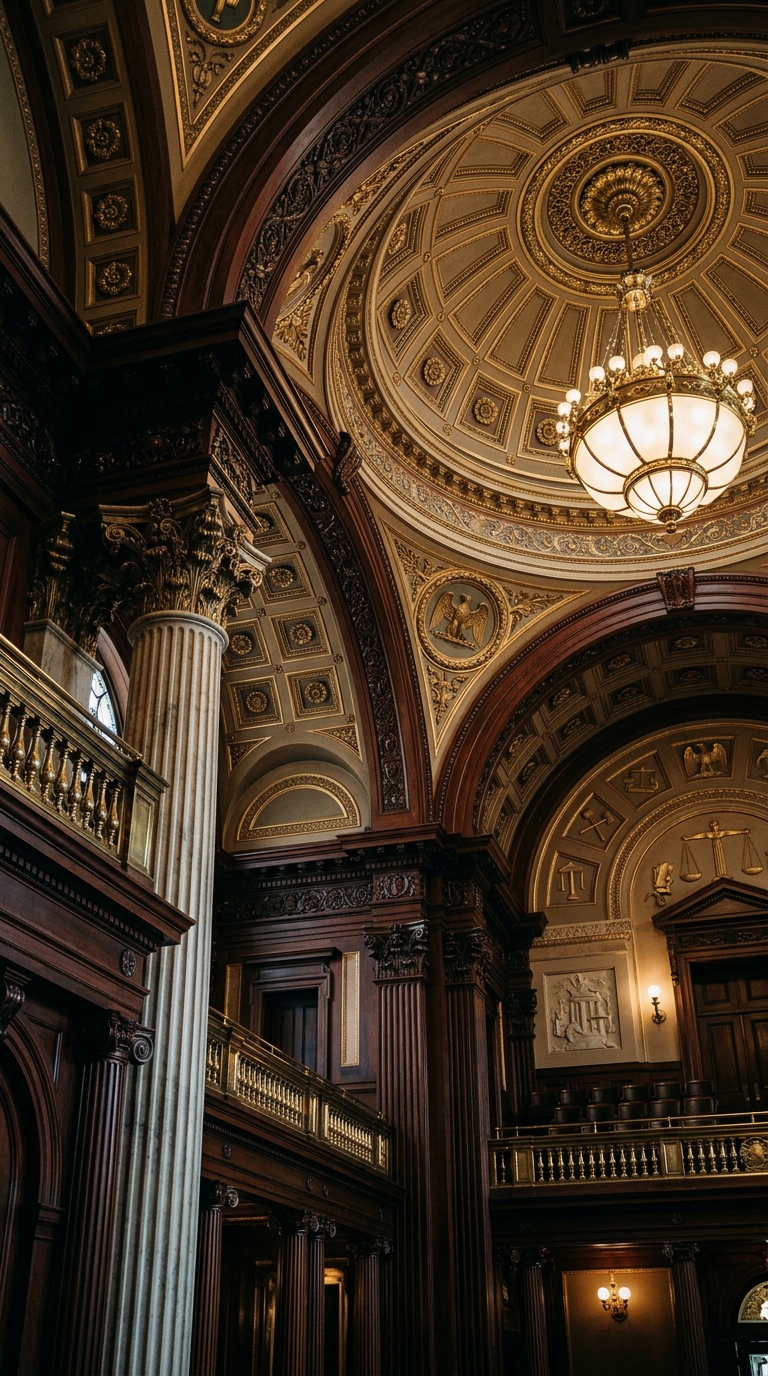 An ornate interior of a historic building featuring detailed architecture and decorative elements.