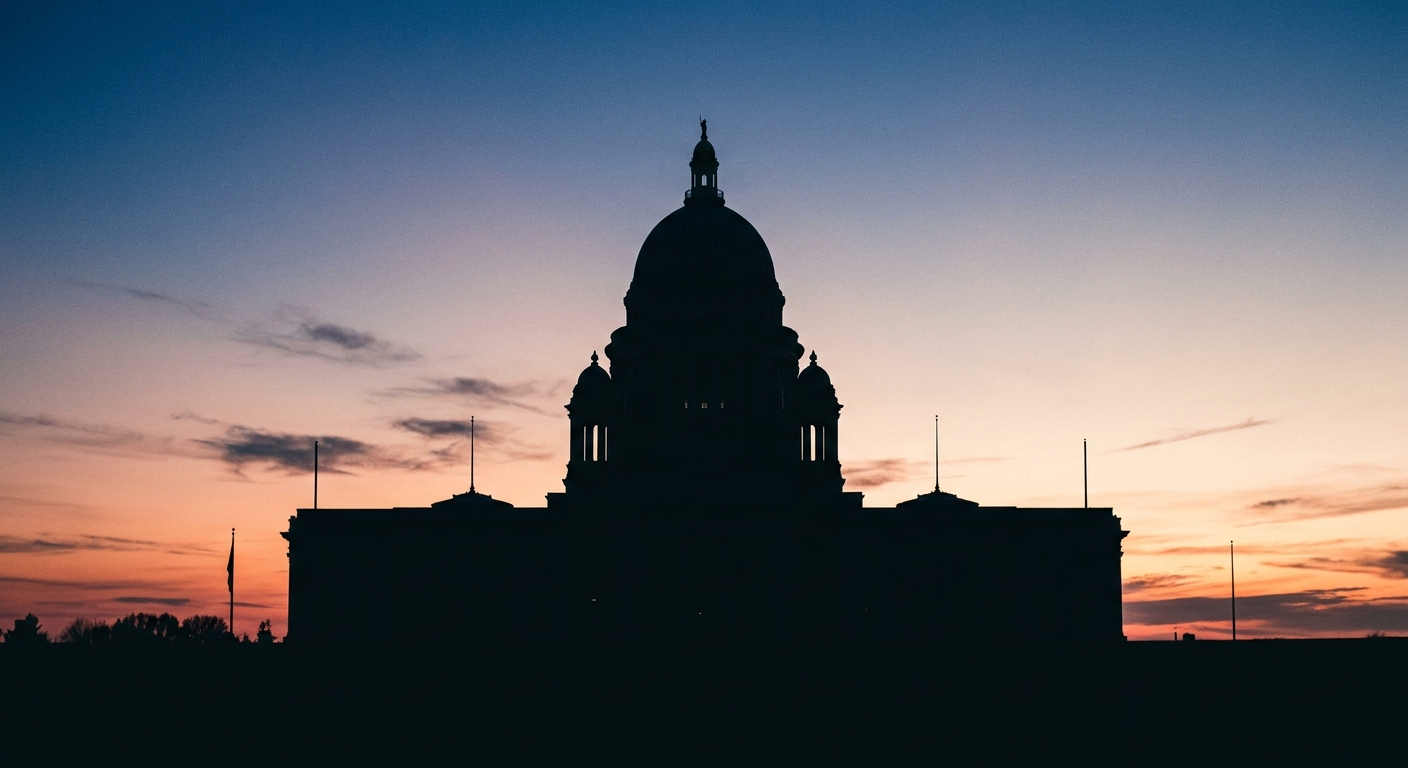A silhouette of a large dome building against a sunset sky.