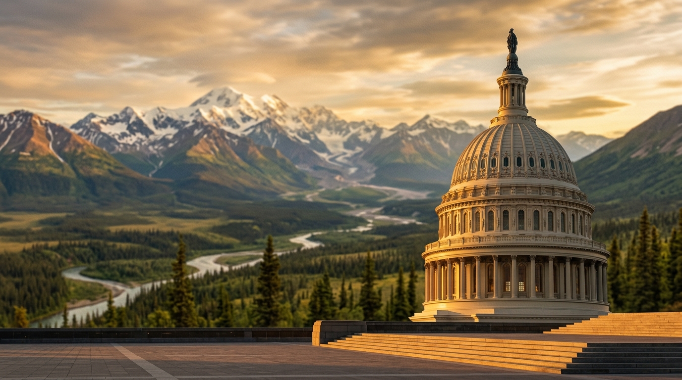 A dome structure is prominently featured in the foreground with a mountainous landscape in the background.