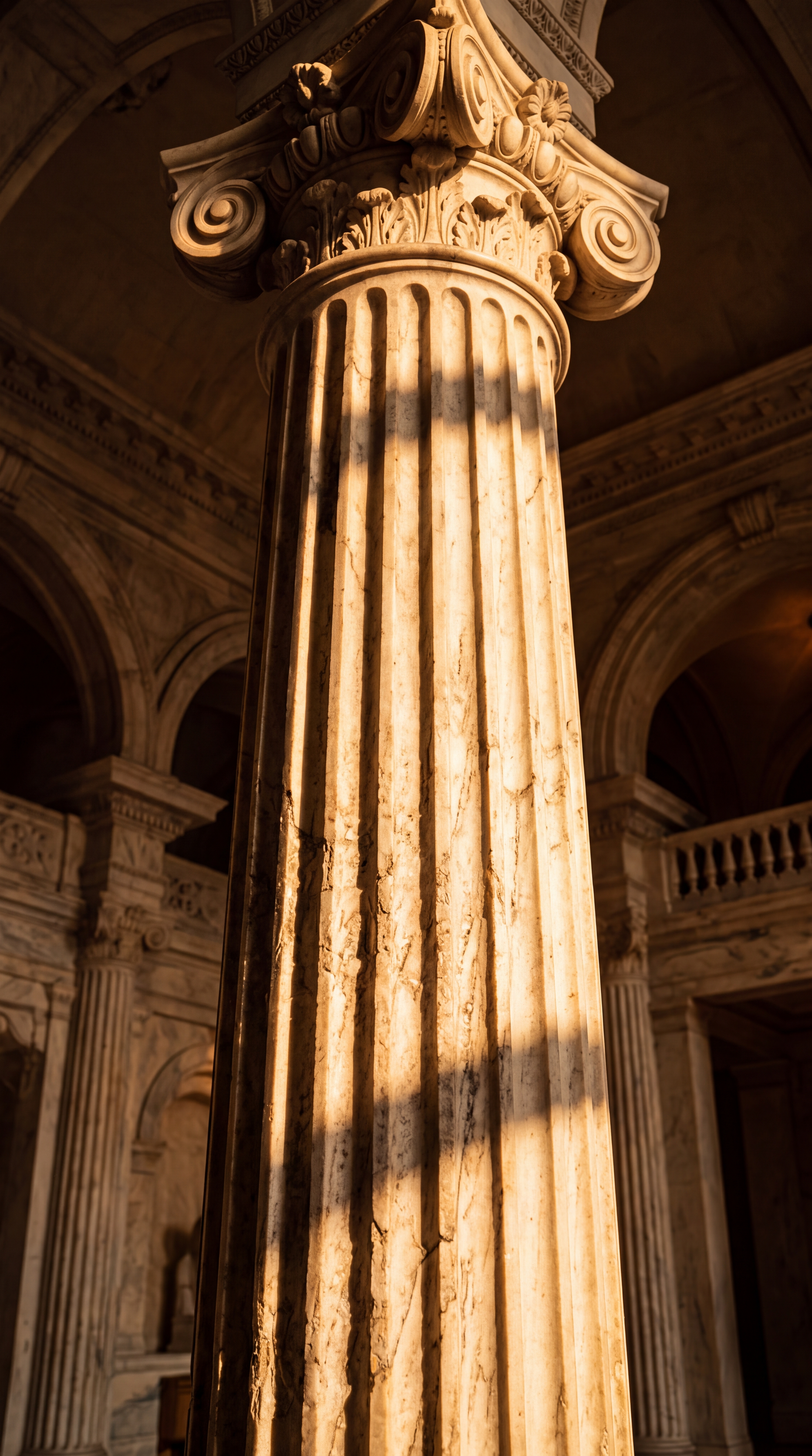 A close-up of a marble column with intricate details and shadows cast by light.