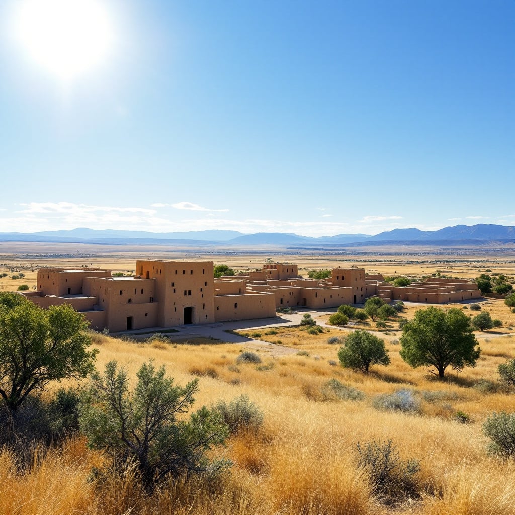 A scenic view of adobe-style buildings surrounded by dry grassland and distant mountains under a clear blue sky.