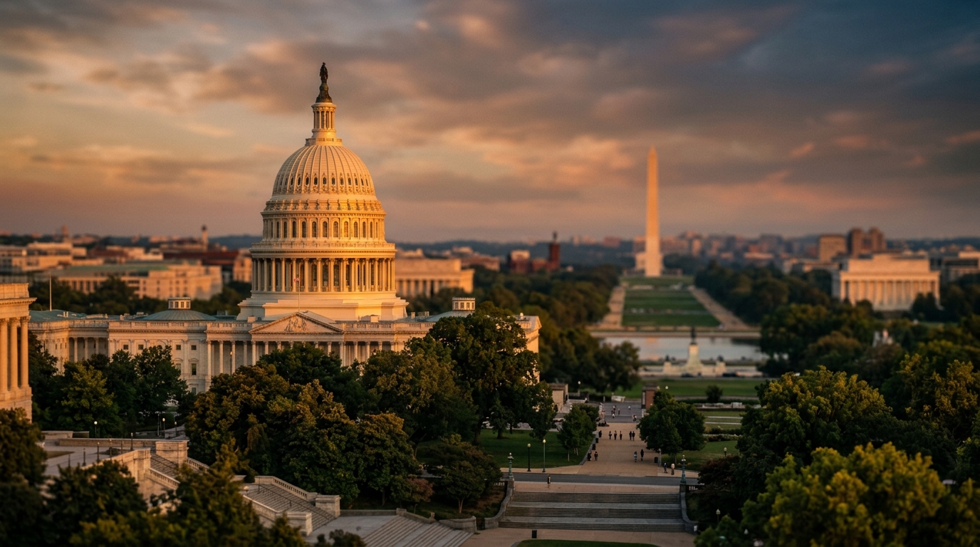 A panoramic view of the U.S. Capitol building with the Washington Monument in the background during sunset.