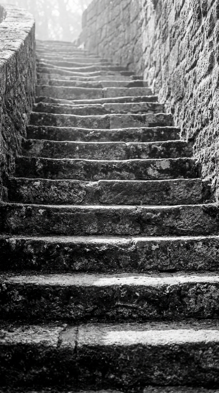 A close-up view of weathered stone steps leading upwards.