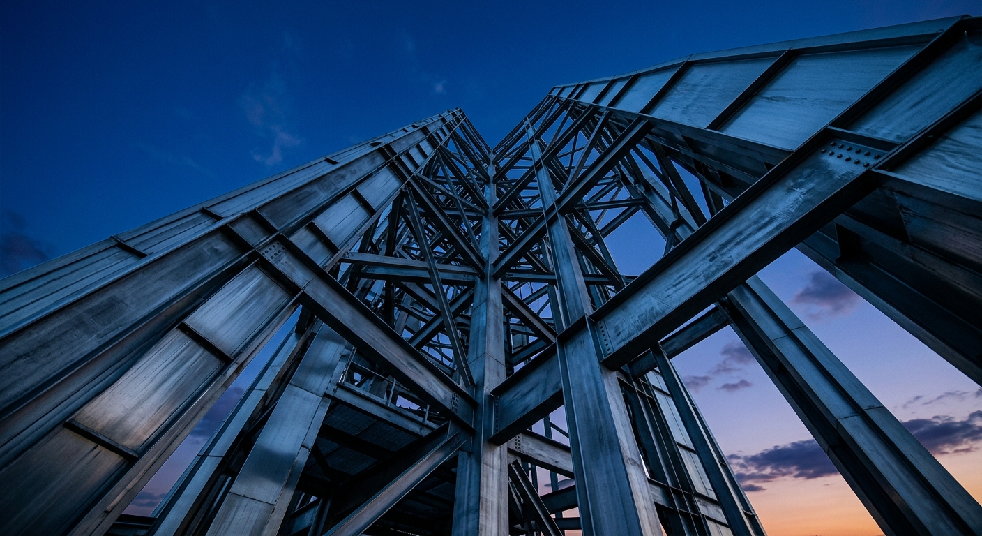 A view looking up at a steel structure against a twilight sky.