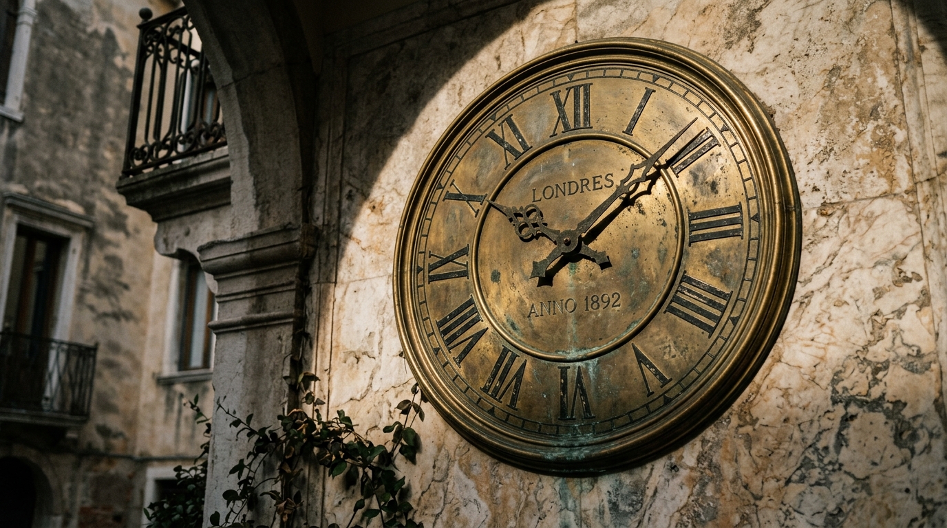 An antique clock mounted on a marble wall.
