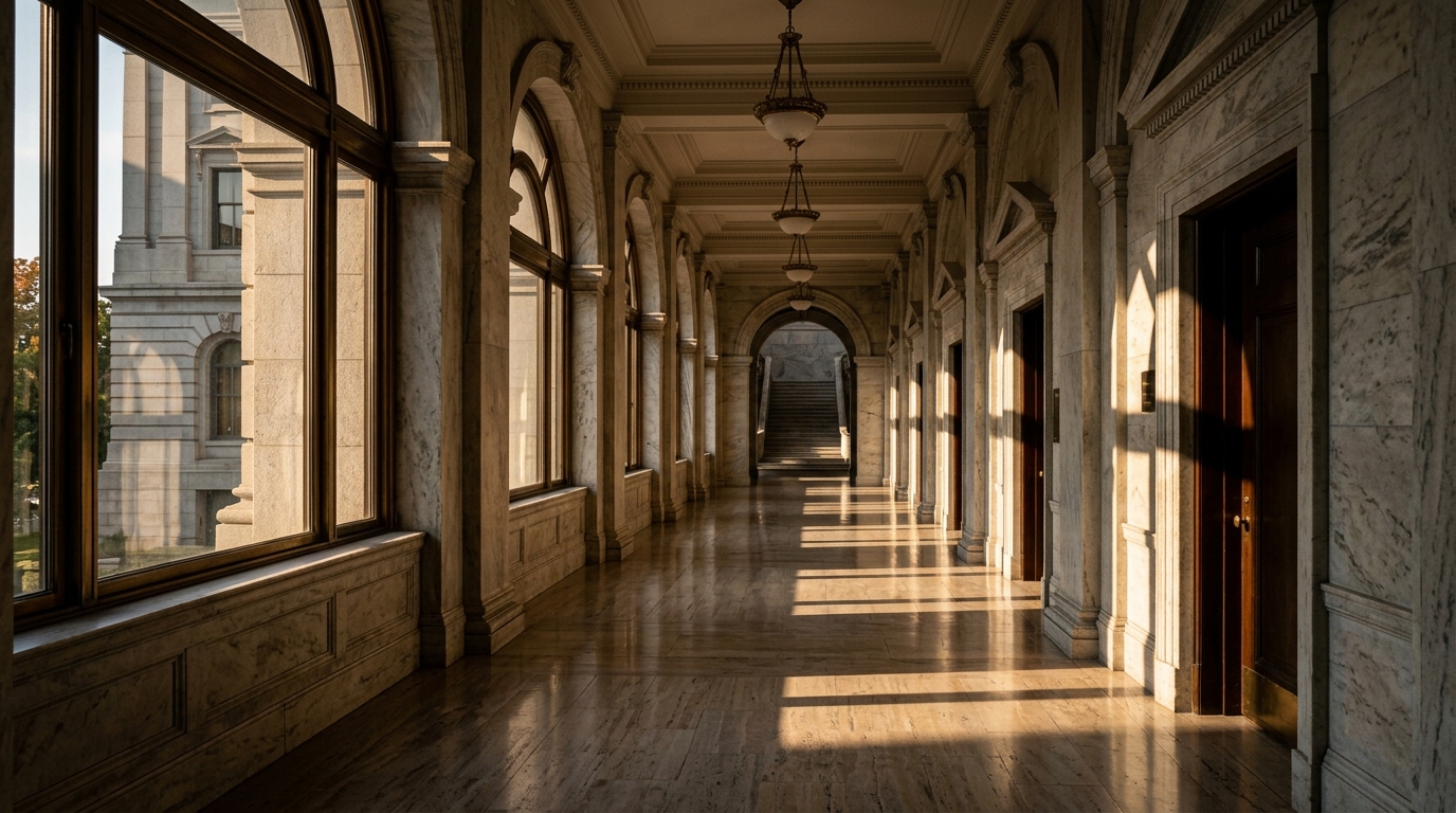 A marble hallway with large windows casting shadows on the floor.