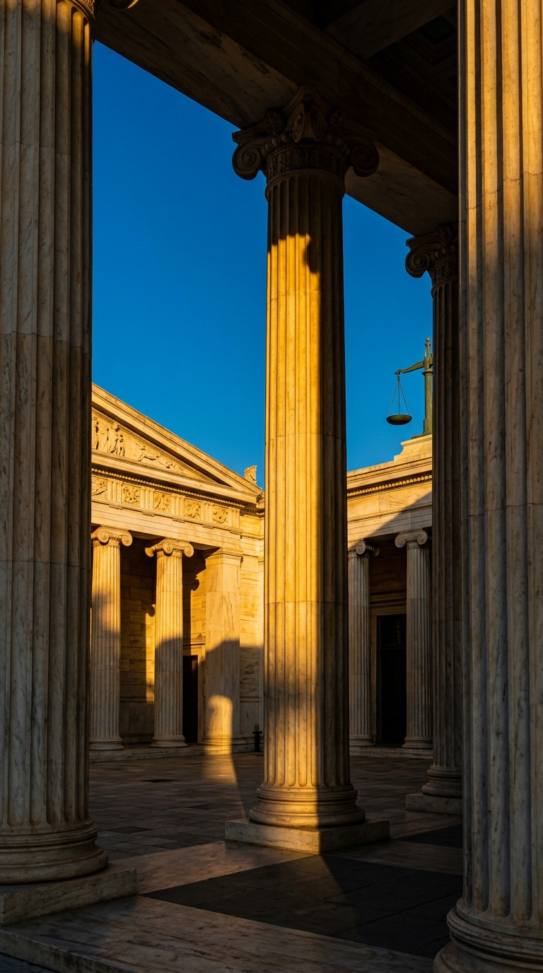 The image shows classical columns and architectural details of a building under a clear blue sky.