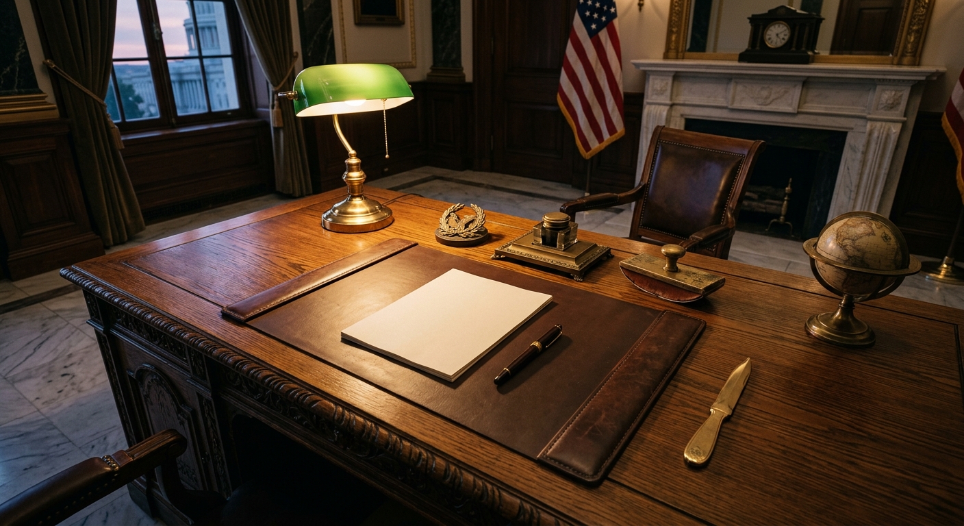 A well-furnished office space featuring a wooden desk with a lamp, a globe, and an American flag in the background.