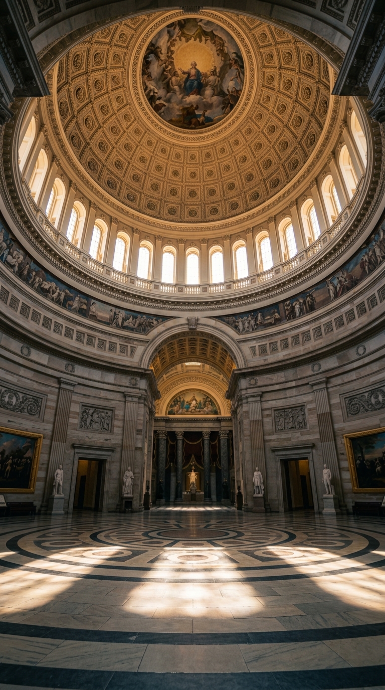 A grand interior of a historic building featuring a circular dome and ornate decorations.