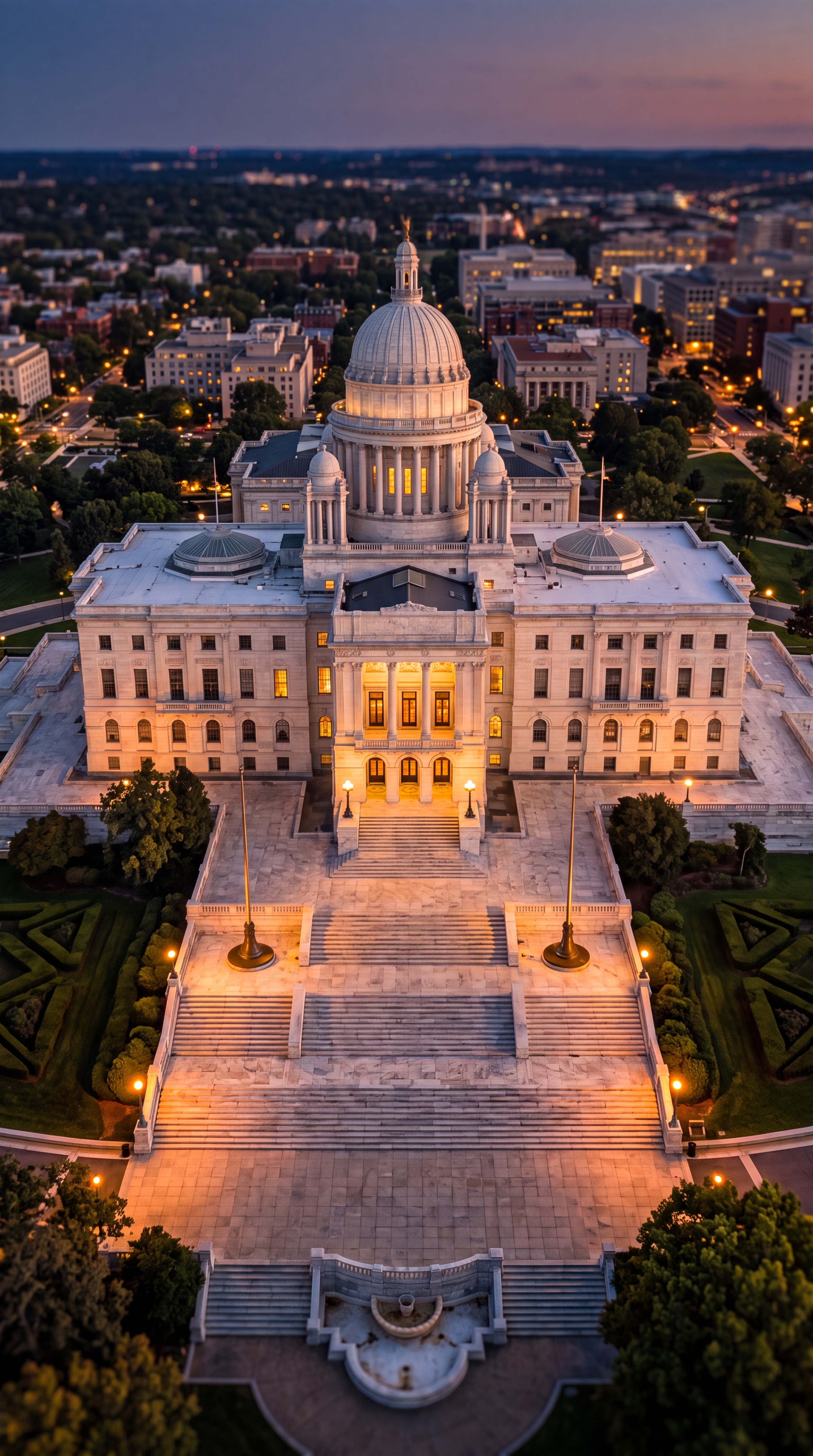Aerial view of a government building with a dome, illuminated at dusk.