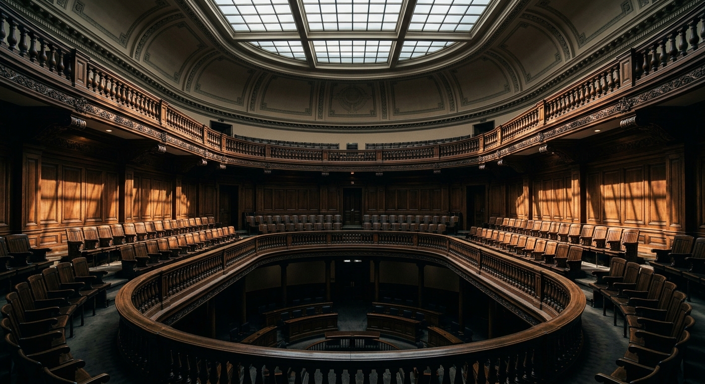 An interior view of a historic courtroom with wooden benches and a skylight.