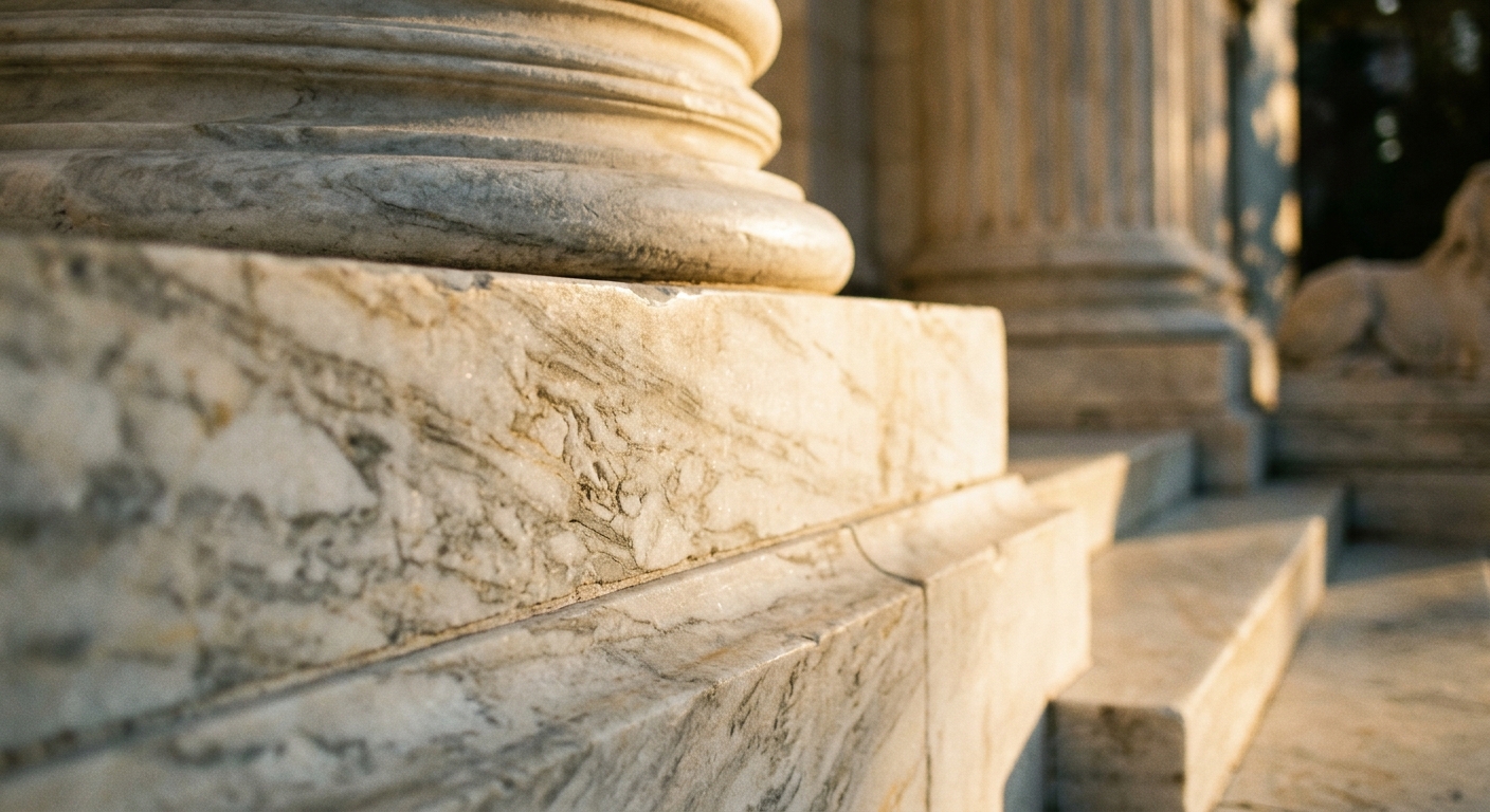 A close-up view of marble steps and columns.