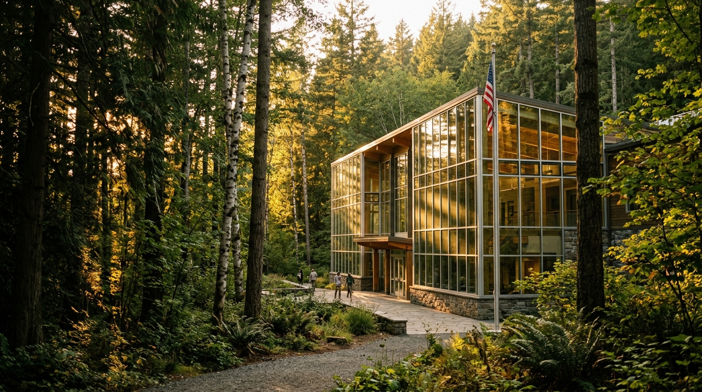 A modern glass building surrounded by trees in a forest setting.