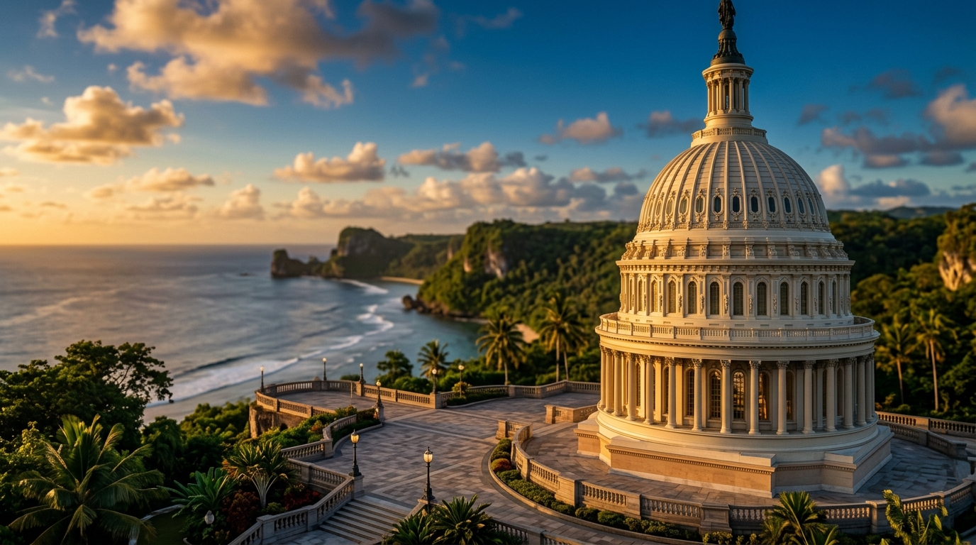 A view of a large dome structure overlooking a coastal landscape with palm trees and cliffs.
