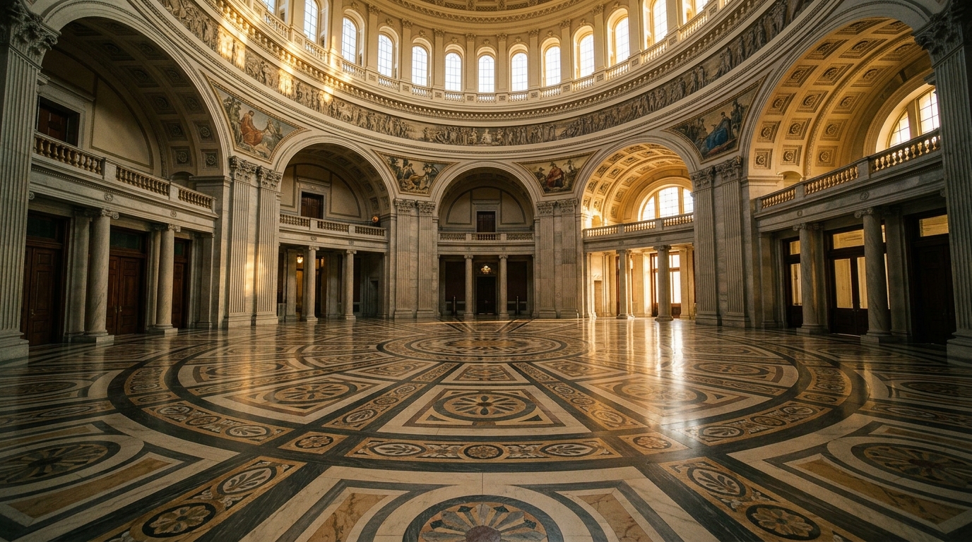 An ornate interior space featuring a large circular dome and intricate marble flooring.