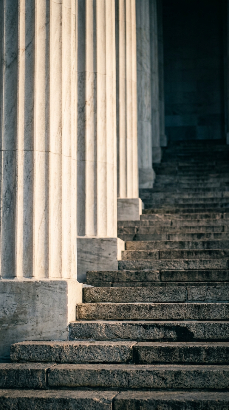 The image shows a close-up view of stone columns and steps leading to a building.