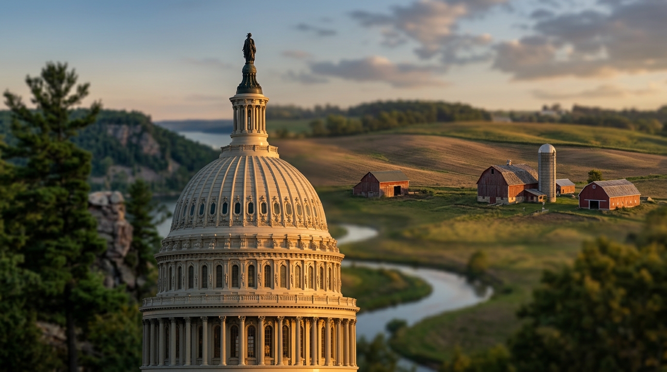 A close-up view of a dome structure with a rural landscape featuring barns and a river in the background.