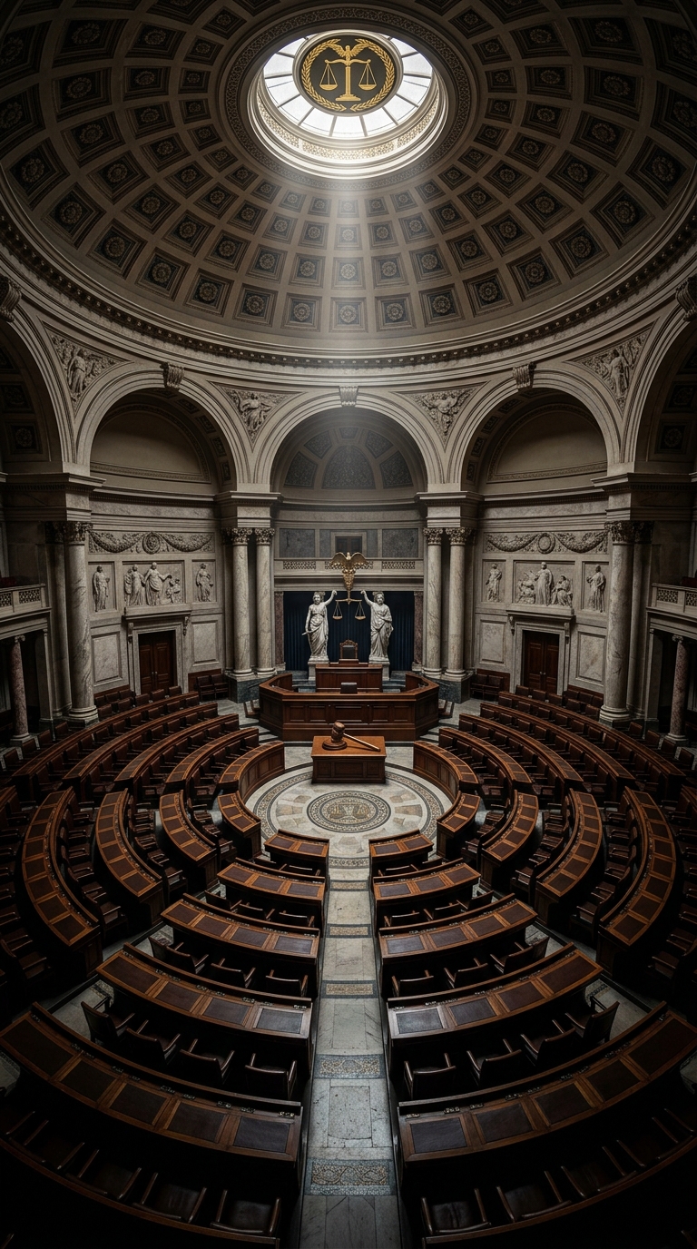 An interior view of a grand courtroom featuring statues and a circular arrangement of seating.