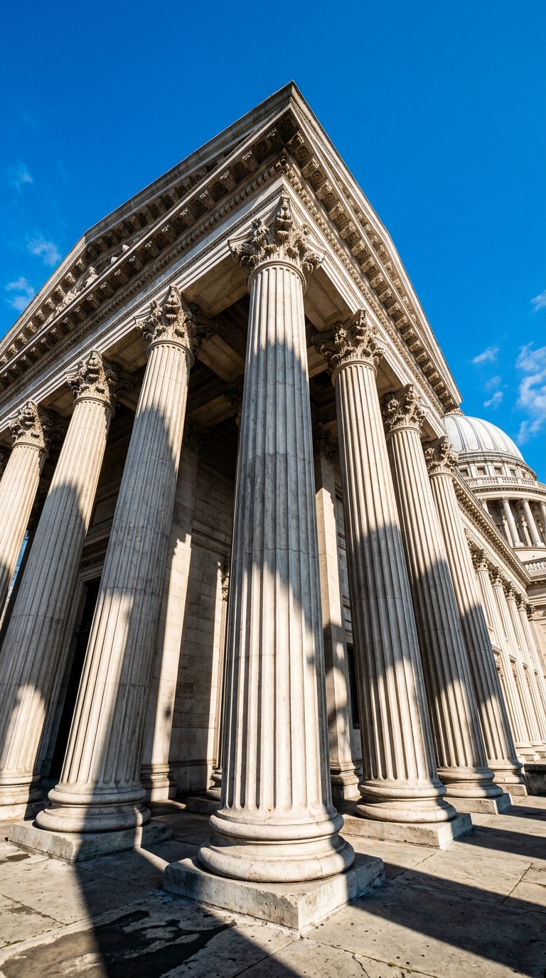 A close-up view of classical columns and architectural details of a building under a blue sky.
