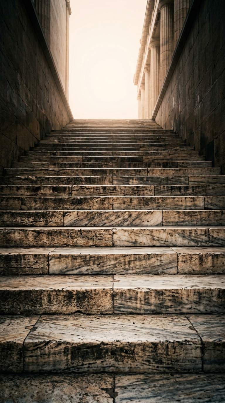 A set of stone steps leading upwards towards a bright light.